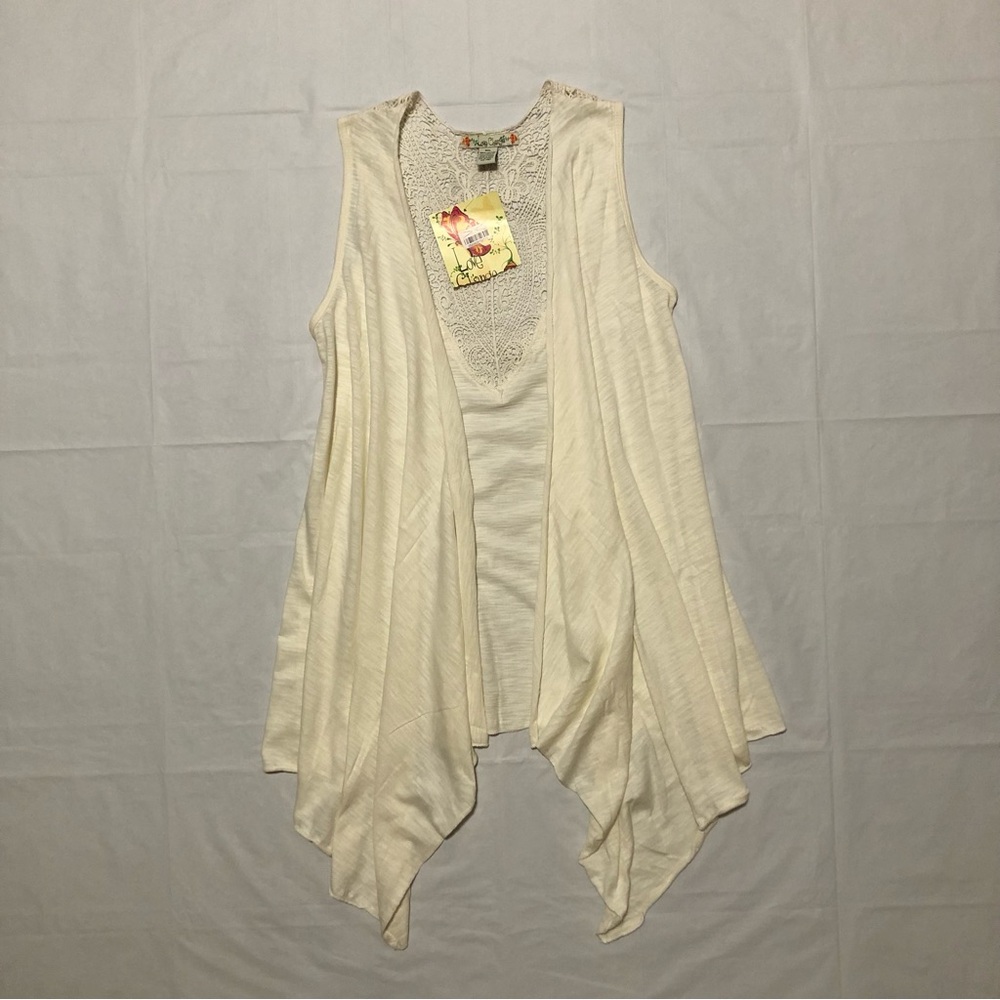 NWT Love Change Women’s Sleeveless Cotton Crochet-Back Cream Vest Cardigan S